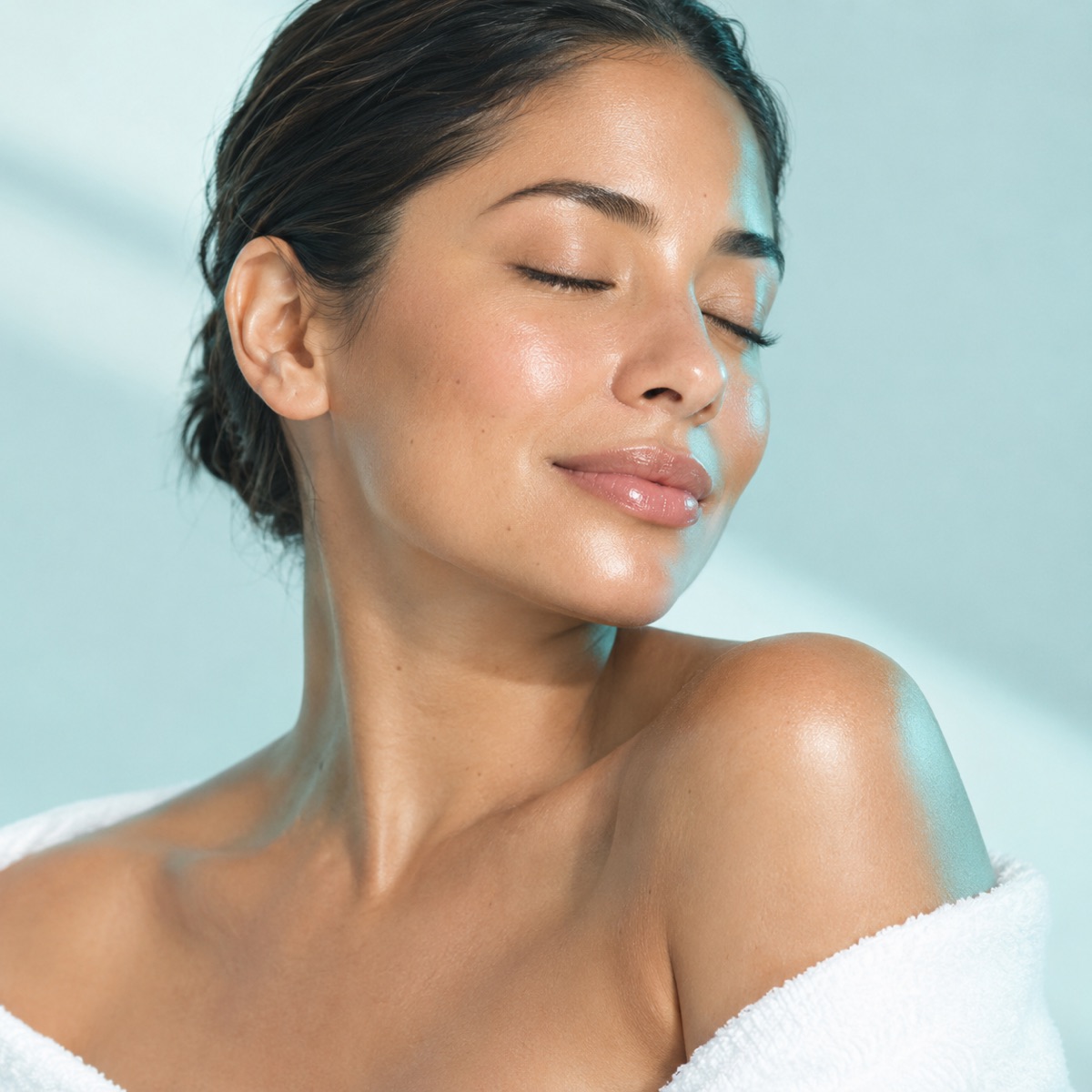 A woman with glowing skin, eyes closed, relaxing in a soft white robe